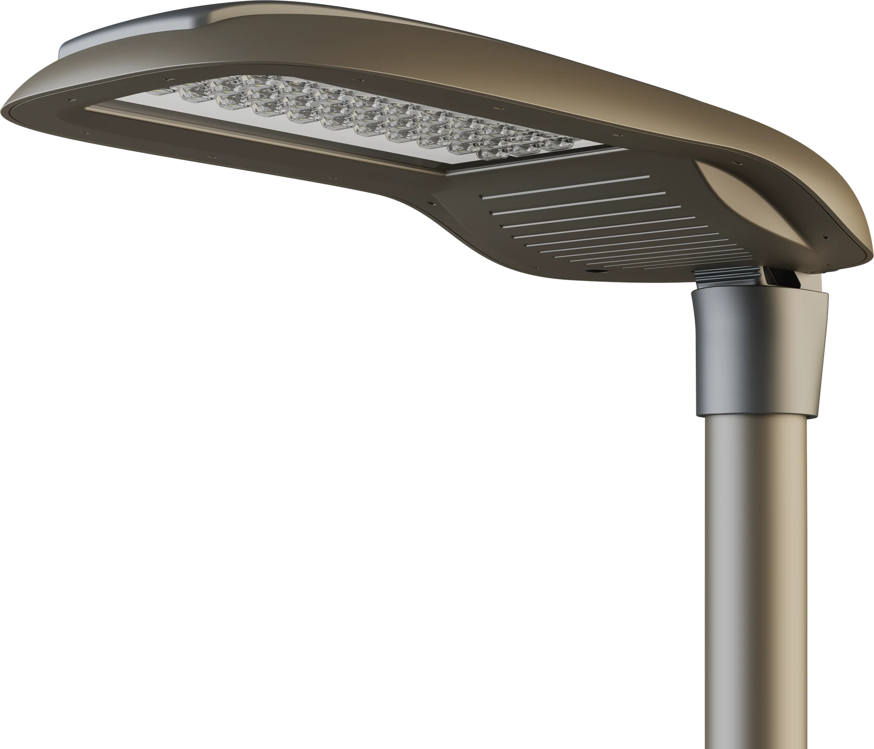 A Kombo lámpatest oszlopcsúcson, alulról nézve: a fénykilépő üveglap mögött a LED modul világít.